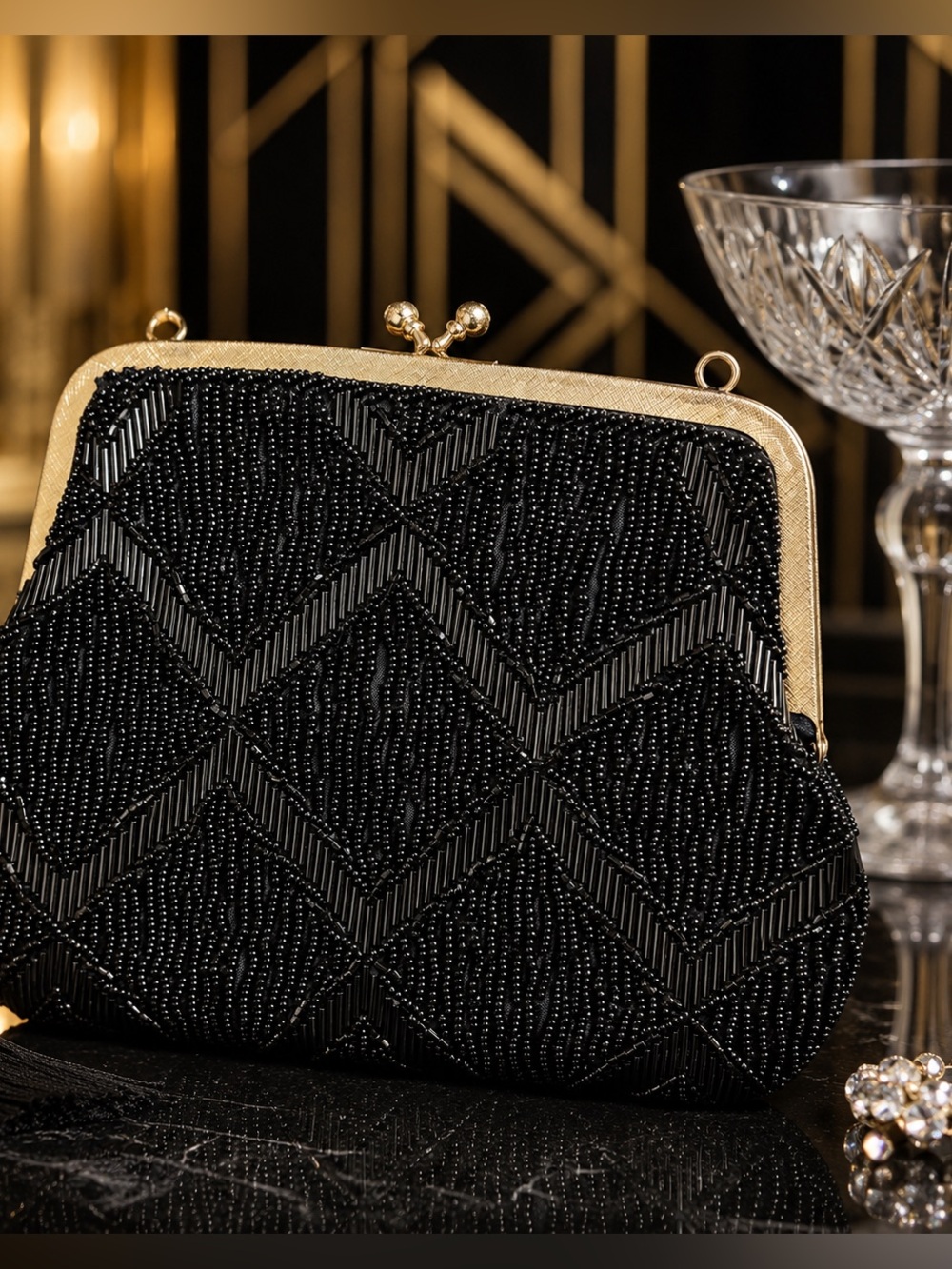Handmade Black Beaded Evening Clutch Purse Vintage Art Deco Style